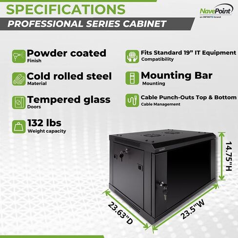 NavePoint 9U Server Rack Enclosure - 17.7" Deep, 9U Wall Mount Network Cabinet with Locking Glass Door for 19" IT Equipment, 9U Network Rack with 2 Fans, Removable Side Panels, Black in Kuwait