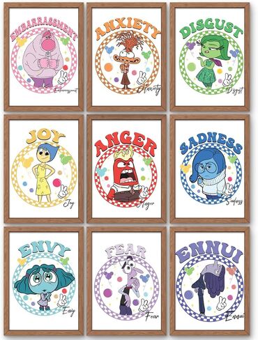 TFH Art Design - Inside Out 2 Poster - Inside Out Characters Joy Anger Anxiety Fear Envy Sadness and More - Kids Bedroom Posters - Set Of 9 Pieces - 8 x 10 inch - UNFRAMED in Saudi Arabia