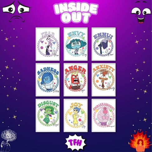 TFH Art Design - Inside Out 2 Poster - Inside Out Characters Joy Anger Anxiety Fear Envy Sadness and More - Kids Bedroom Posters - Set Of 9 Pieces - 8 x 10 inch - UNFRAMED in Saudi Arabia