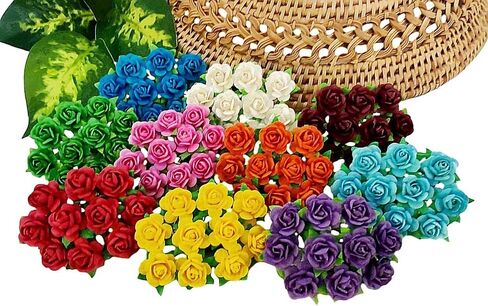 Mini Rose Artificial Mulberry Paper Flower Mixed Color Tone Decorative Small Roses Flowers for DIY Crafts Projects Scrapbooking Wedding Decorations. (Mixed Color) in Kuwait