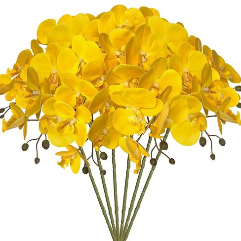 6 قطع من زهور فالاينوبسيس الاصطناعية من FagusHome مقاس 32 بوصة من زهور الأوركيد الاصطناعية ونباتات جذعية وزهور وهمية لديكور المنزل (أصفر) in Kuwait
