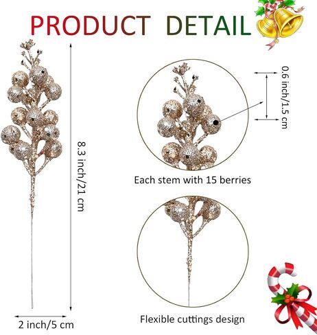 24 Pieces Christmas Glitter Berries Stems Artificial Berry Twig Stem Berry Picks Decorations for Christmas Ornaments, DIY Xmas Wreath, Holiday and Party Decor (Red) in Saudi Arabia