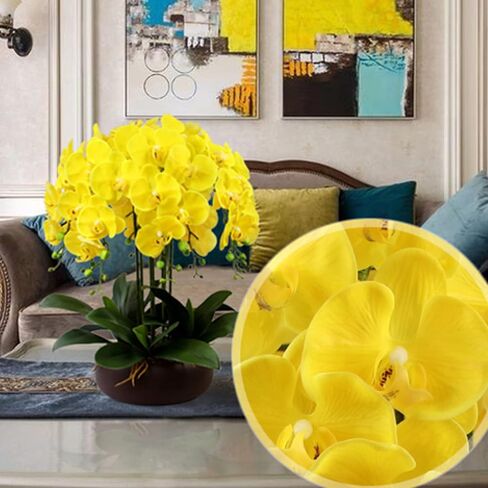 6 قطع من زهور فالاينوبسيس الاصطناعية من FagusHome مقاس 32 بوصة من زهور الأوركيد الاصطناعية ونباتات جذعية وزهور وهمية لديكور المنزل (أصفر) in Kuwait