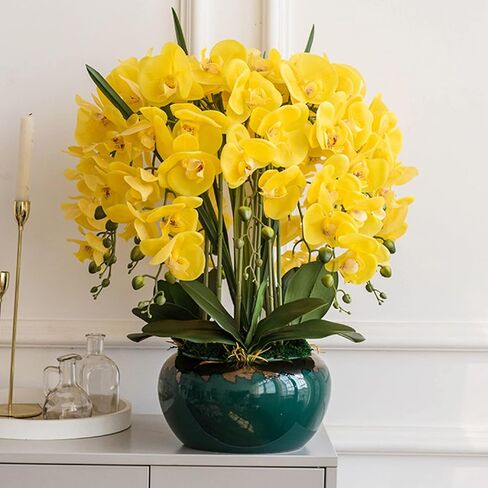 6 قطع من زهور فالاينوبسيس الاصطناعية من FagusHome مقاس 32 بوصة من زهور الأوركيد الاصطناعية ونباتات جذعية وزهور وهمية لديكور المنزل (أصفر) in Kuwait