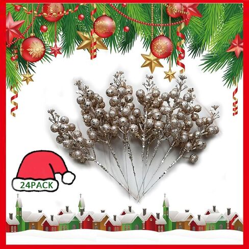 24 Pieces Christmas Glitter Berries Stems Artificial Berry Twig Stem Berry Picks Decorations for Christmas Ornaments, DIY Xmas Wreath, Holiday and Party Decor (Red) in Saudi Arabia