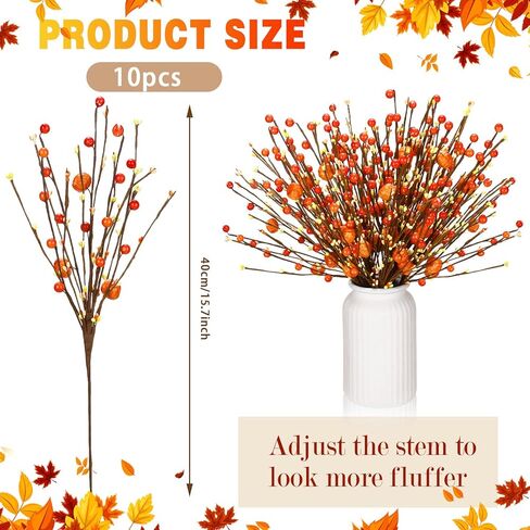 Cindeer 10 Pcs Fall Artificial Berry Stems Berry Picks Branches Autumn Thanksgiving Orange Stems Floral Arrangements with Fake Stem for Autumn Harvest Home Vase Festival Indoor Decor in Kuwait