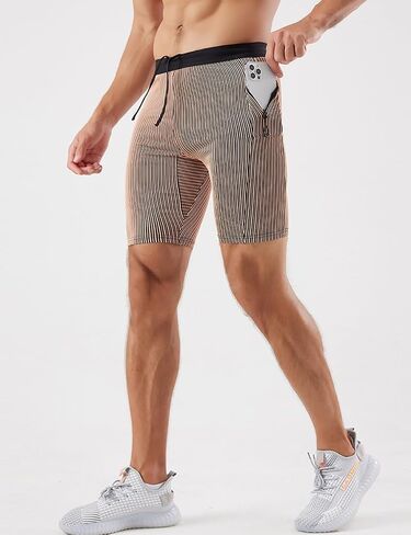 MIZOK Men's Stripe Performance Compression Workout Shorts Tight Gym Athletic Shorts with Pockets in Kuwait