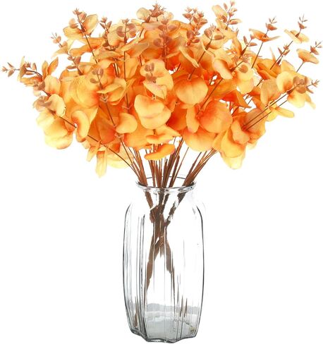 Tinsow Artificial Eucalyptus Stem Real Touch Fall Leaf Faux Long Eucalyptuses Branches Wedding Bouquet Centerpiece Harvest Thanksgiving Home Decor (Orange, 2) in Saudi Arabia