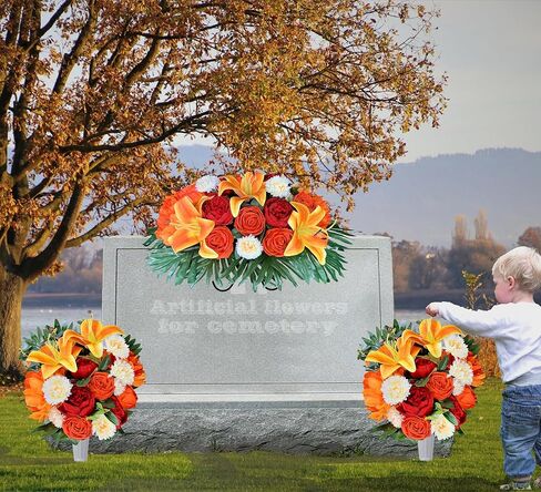 زهرة سروج المقبرة للقبر، ألوان - لا تنزف، ديكورات شاهد القبر في الهواء الطلق، ترتيب باقة تذكارية - الفاوانيا البرتقالية الحمراء والزنبق مع مزهريات لسهولة الملاءمة in Kuwait