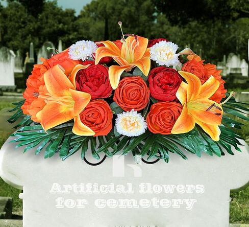زهرة سروج المقبرة للقبر، ألوان - لا تنزف، ديكورات شاهد القبر في الهواء الطلق، ترتيب باقة تذكارية - الفاوانيا البرتقالية الحمراء والزنبق مع مزهريات لسهولة الملاءمة in Kuwait