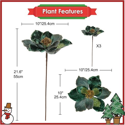 Briful 10’’ Large Heads Christmas Glitter Magnolia Flowers Christmas Tree Ornaments Set of 3 Giant Artificial Flowers with Long Stems for Xmas Tree Holiday Decorations, Green in Saudi Arabia