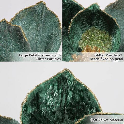 Briful 10’’ Large Heads Christmas Glitter Magnolia Flowers Christmas Tree Ornaments Set of 3 Giant Artificial Flowers with Long Stems for Xmas Tree Holiday Decorations, Green in Saudi Arabia