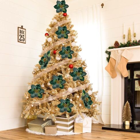 Briful 10’’ Large Heads Christmas Glitter Magnolia Flowers Christmas Tree Ornaments Set of 3 Giant Artificial Flowers with Long Stems for Xmas Tree Holiday Decorations, Green in Saudi Arabia