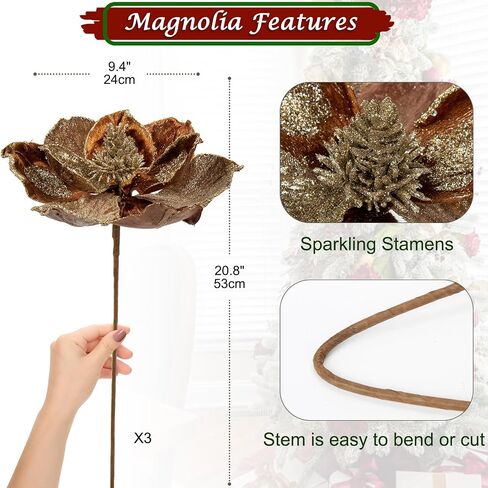 Briful 10’’ Large Heads Christmas Glitter Magnolia Flowers Christmas Tree Ornaments Set of 3 Giant Artificial Flowers with Long Stems for Xmas Tree Holiday Decorations, Green in Saudi Arabia