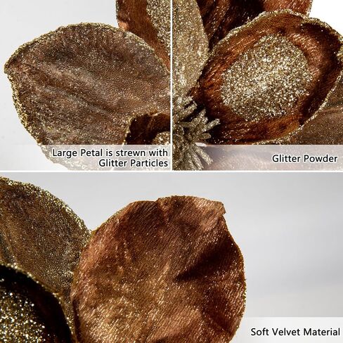 Briful 10’’ Large Heads Christmas Glitter Magnolia Flowers Christmas Tree Ornaments Set of 3 Giant Artificial Flowers with Long Stems for Xmas Tree Holiday Decorations, Green in Saudi Arabia