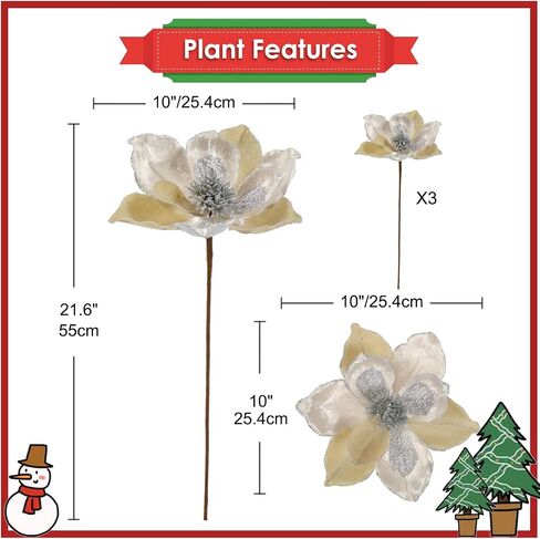Briful 10’’ Large Heads Christmas Glitter Magnolia Flowers Christmas Tree Ornaments Set of 3 Giant Artificial Flowers with Long Stems for Xmas Tree Holiday Decorations, Green in Saudi Arabia