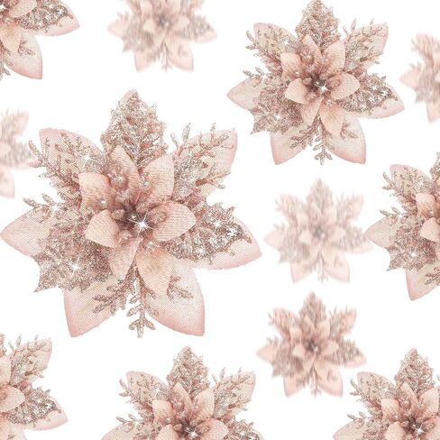 36 Pcs Christmas Glitter Artificial Poinsettia Flowers Xmas Poinsettia Artificial Wedding Flowers Decorations Xmas Tree Ornaments with Clips for Party, 6 Inch, 4 Inch, 3 Inch(Rose Gold) in Saudi Arabia