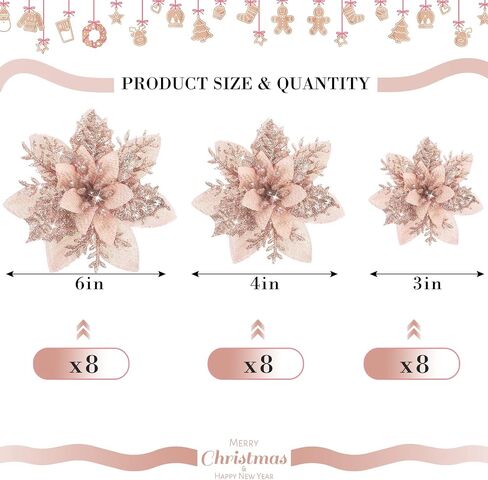 36 Pcs Christmas Glitter Artificial Poinsettia Flowers Xmas Poinsettia Artificial Wedding Flowers Decorations Xmas Tree Ornaments with Clips for Party, 6 Inch, 4 Inch, 3 Inch(Rose Gold) in Saudi Arabia