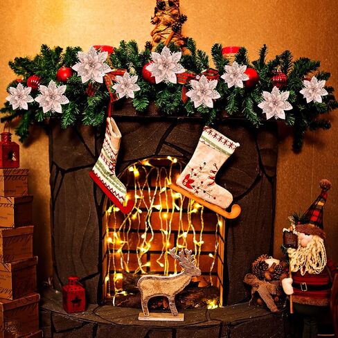 36 Pcs Christmas Glitter Artificial Poinsettia Flowers Xmas Poinsettia Artificial Wedding Flowers Decorations Xmas Tree Ornaments with Clips for Party, 6 Inch, 4 Inch, 3 Inch(Rose Gold) in Saudi Arabia