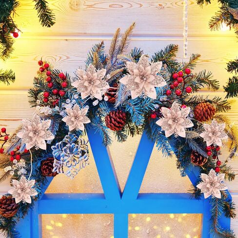 36 Pcs Christmas Glitter Artificial Poinsettia Flowers Xmas Poinsettia Artificial Wedding Flowers Decorations Xmas Tree Ornaments with Clips for Party, 6 Inch, 4 Inch, 3 Inch(Rose Gold) in Saudi Arabia