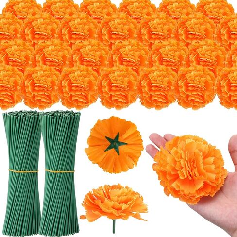 Riceshoot 500 Pcs 3.4 Inch Marigold Flowers Heads Bulk Marigold Orange Flowers with Stems Artificial Flowers for DIY Garland Diwali Dia De Los Muertos Day of The Dead Indian Wedding Mexico Party in Saudi Arabia