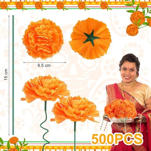 Riceshoot 500 Pcs 3.4 Inch Marigold Flowers Heads Bulk Marigold Orange Flowers with Stems Artificial Flowers for DIY Garland Diwali Dia De Los Muertos Day of The Dead Indian Wedding Mexico Party in Saudi Arabia