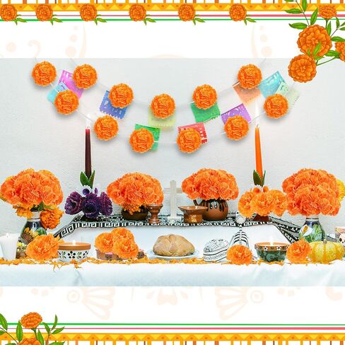 Riceshoot 500 Pcs 3.4 Inch Marigold Flowers Heads Bulk Marigold Orange Flowers with Stems Artificial Flowers for DIY Garland Diwali Dia De Los Muertos Day of The Dead Indian Wedding Mexico Party in Saudi Arabia