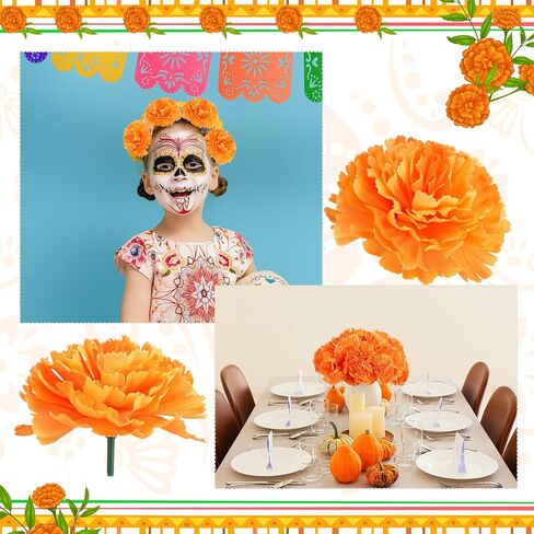 Riceshoot 500 Pcs 3.4 Inch Marigold Flowers Heads Bulk Marigold Orange Flowers with Stems Artificial Flowers for DIY Garland Diwali Dia De Los Muertos Day of The Dead Indian Wedding Mexico Party in Saudi Arabia