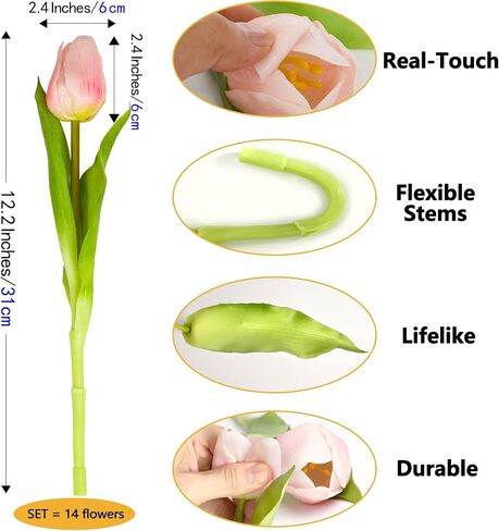 Tulip Artificial Flowers Bulk Faux Bouquets 12" Stems Fake Flowers Decoration Wedding Centerpiece Kitchen Office Home Decor, 14 pcs (Pink) in Saudi Arabia