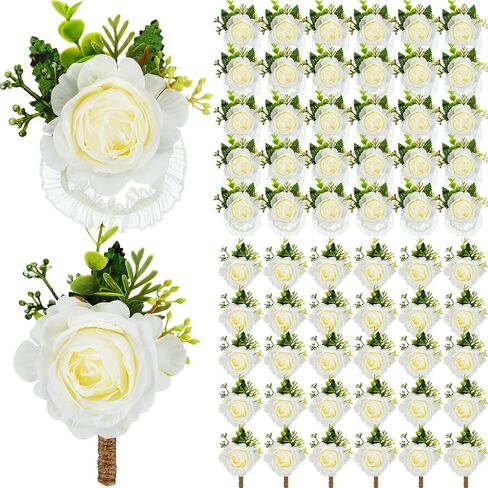 Sherr 60 Pcs Rose Wrist Corsage and Boutonniere Set Ivory Rose Wrist Flower Wristlet Band for Bride Bridesmaid Corsage for Bridegroom Men's Boutonniere for Wedding Ceremony Prom Party Suit Accessories in Saudi Arabia
