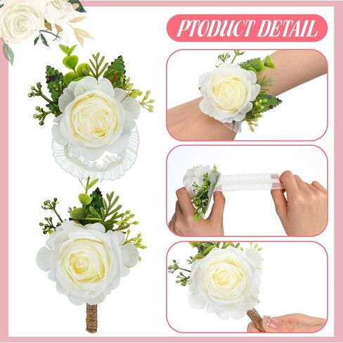 Sherr 60 Pcs Rose Wrist Corsage and Boutonniere Set Ivory Rose Wrist Flower Wristlet Band for Bride Bridesmaid Corsage for Bridegroom Men's Boutonniere for Wedding Ceremony Prom Party Suit Accessories in Saudi Arabia