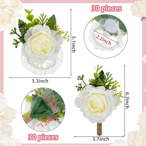 Sherr 60 Pcs Rose Wrist Corsage and Boutonniere Set Ivory Rose Wrist Flower Wristlet Band for Bride Bridesmaid Corsage for Bridegroom Men's Boutonniere for Wedding Ceremony Prom Party Suit Accessories in Saudi Arabia