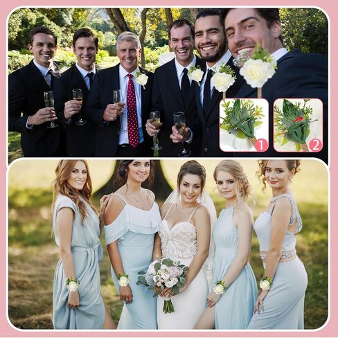 Sherr 60 Pcs Rose Wrist Corsage and Boutonniere Set Ivory Rose Wrist Flower Wristlet Band for Bride Bridesmaid Corsage for Bridegroom Men's Boutonniere for Wedding Ceremony Prom Party Suit Accessories in Saudi Arabia
