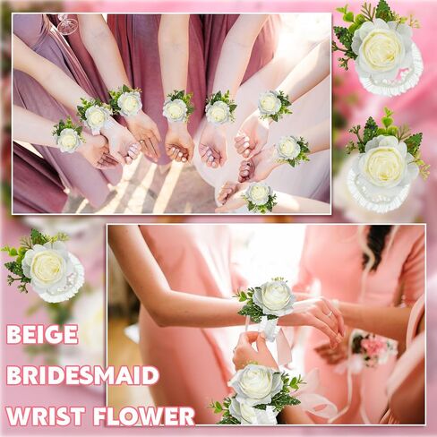 Sherr 60 Pcs Rose Wrist Corsage and Boutonniere Set Ivory Rose Wrist Flower Wristlet Band for Bride Bridesmaid Corsage for Bridegroom Men's Boutonniere for Wedding Ceremony Prom Party Suit Accessories in Saudi Arabia