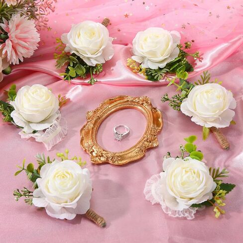 Sherr 60 Pcs Rose Wrist Corsage and Boutonniere Set Ivory Rose Wrist Flower Wristlet Band for Bride Bridesmaid Corsage for Bridegroom Men's Boutonniere for Wedding Ceremony Prom Party Suit Accessories in Saudi Arabia