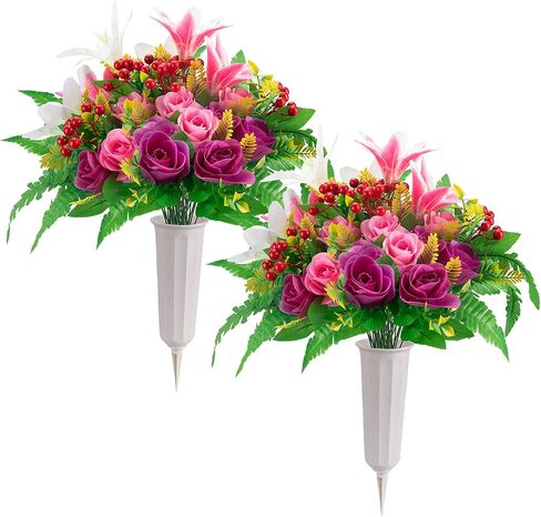 Artificial Cemetery Flowers with Vase 2 Sets Memorial Flowers Artificial Rose Lily Bouquet Graveyard Memorial Flowers for Cemetery Headstones Grave Memorials Decoration in Saudi Arabia