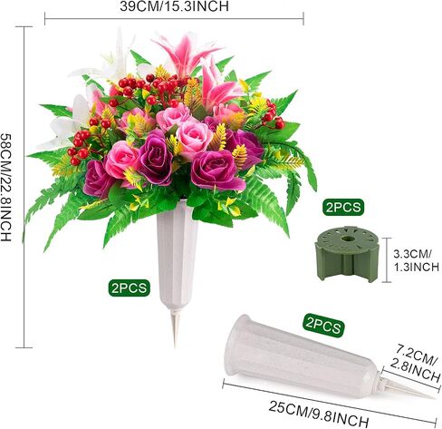 Artificial Cemetery Flowers with Vase 2 Sets Memorial Flowers Artificial Rose Lily Bouquet Graveyard Memorial Flowers for Cemetery Headstones Grave Memorials Decoration in Saudi Arabia