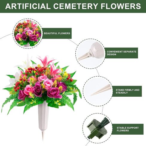 Artificial Cemetery Flowers with Vase 2 Sets Memorial Flowers Artificial Rose Lily Bouquet Graveyard Memorial Flowers for Cemetery Headstones Grave Memorials Decoration in Saudi Arabia