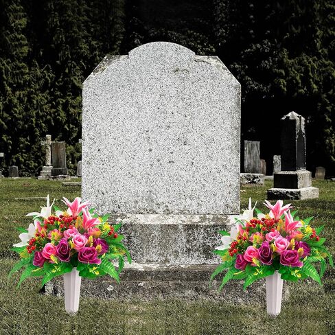 Artificial Cemetery Flowers with Vase 2 Sets Memorial Flowers Artificial Rose Lily Bouquet Graveyard Memorial Flowers for Cemetery Headstones Grave Memorials Decoration in Saudi Arabia
