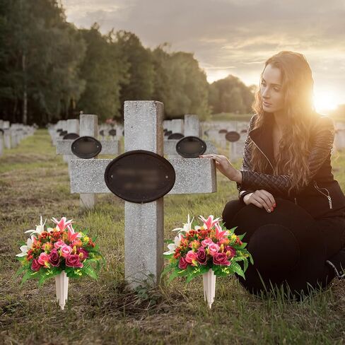 Artificial Cemetery Flowers with Vase 2 Sets Memorial Flowers Artificial Rose Lily Bouquet Graveyard Memorial Flowers for Cemetery Headstones Grave Memorials Decoration in Saudi Arabia