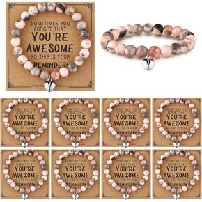 Remuuly 8 Pcs Inspirational Gifts for Women Teen Girl Gifts Graduation Trendy Stuff Beaded You're Awesome Adjustable Natural Stone Pink Heart Birthday Mothers Day Bracelet with Card for Daughter Gifts