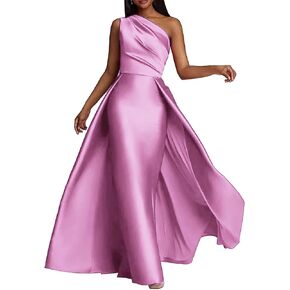KDTM Women's One Shoulder Formal Dresses Satin Long Prom Maxi Dress with Overskirt Evening Party Dress Sleeveless Gold