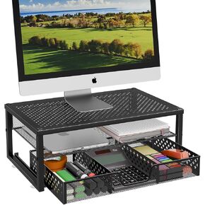 Metal Monitor Stand Riser and Computer Desk Organizer with Drawer for Laptop, Computer, iMac, Black