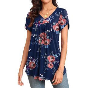 LAOLASI Womens 2024 Summer Tunic Petal Short Sleeve Casual Tops V Neck Flowy Tee Hide Belly Shirt Blouse