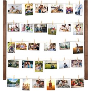 Wall Picture Photo Frame Collage for Picture Display, Wood Decor Wall Photo Display Frame with 30 Clips Multi Rustic Picture Frame 26 x 29 Inch