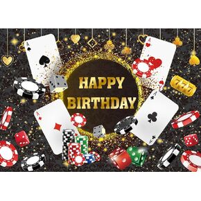 Casino Birthday Backdrop Las Vegas Casino Night Party Background for Casino Theme Poker Dice Gold Glitter Happy Birthday Party Decorations Banner (7X5FT(82x59inch))