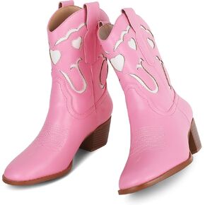 AOSPHIRAYLIAN Womens Pink Cowgirl Boots Ankle Heart Cowboy Boots Pull On Round Toe Embroidered Chunky Western Party Dress Boots Ladies
