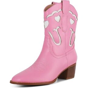 AOSPHIRAYLIAN Womens Pink Cowgirl Boots Ankle Heart Cowboy Boots Pull On Round Toe Embroidered Chunky Western Party Dress Boots Ladies