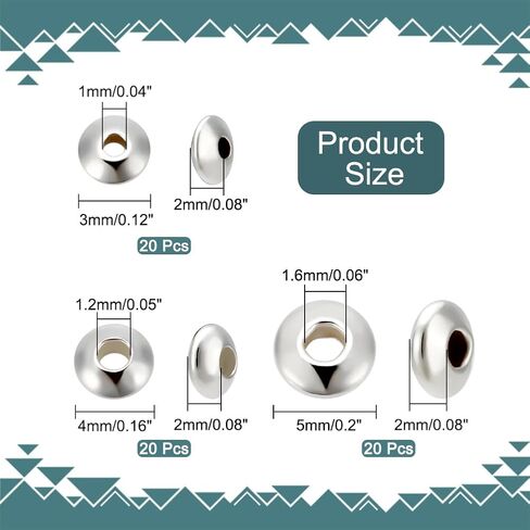 PH PandaHall 60pcs 925 Sterling Silver Spacer Beads, 3 Sizes Flat Round Rondelle Slice Beads 3/4/5x2mm Disc Beads Metal Large Hole Beads for DIY Jewelry Earrings Bracelets Necklace Crafts Making in Saudi Arabia