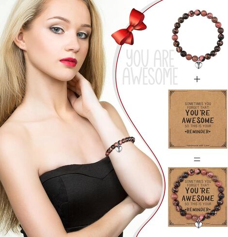 Remuuly 8 Pcs Inspirational Gifts Bracelets for Women You're Awesome Heart Beaded Strand Adjustable Bracelet Natural Stone Pink Beaded Bracelet with Card for Girl Mom Friend Birthday Christmas Jewelry in Kuwait